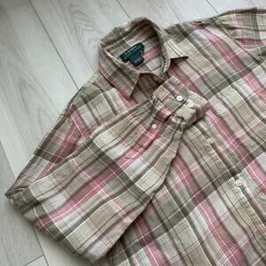Ralph Lauren linen button down shirt in pink tan brown plaid